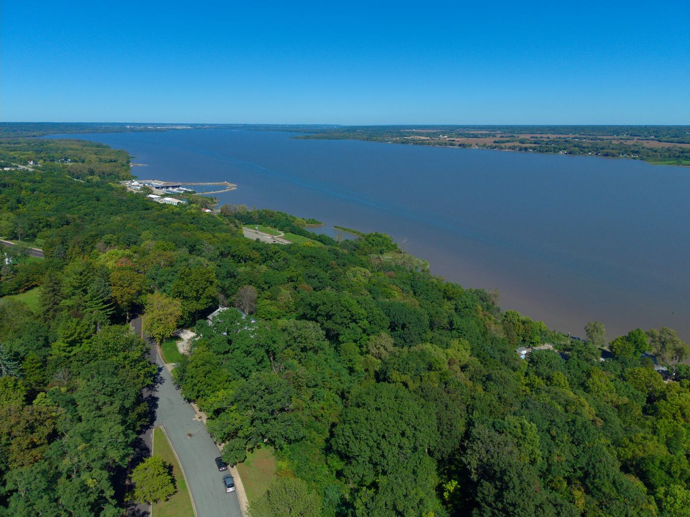 Drone view along the bluff toward the Illinois River and marina